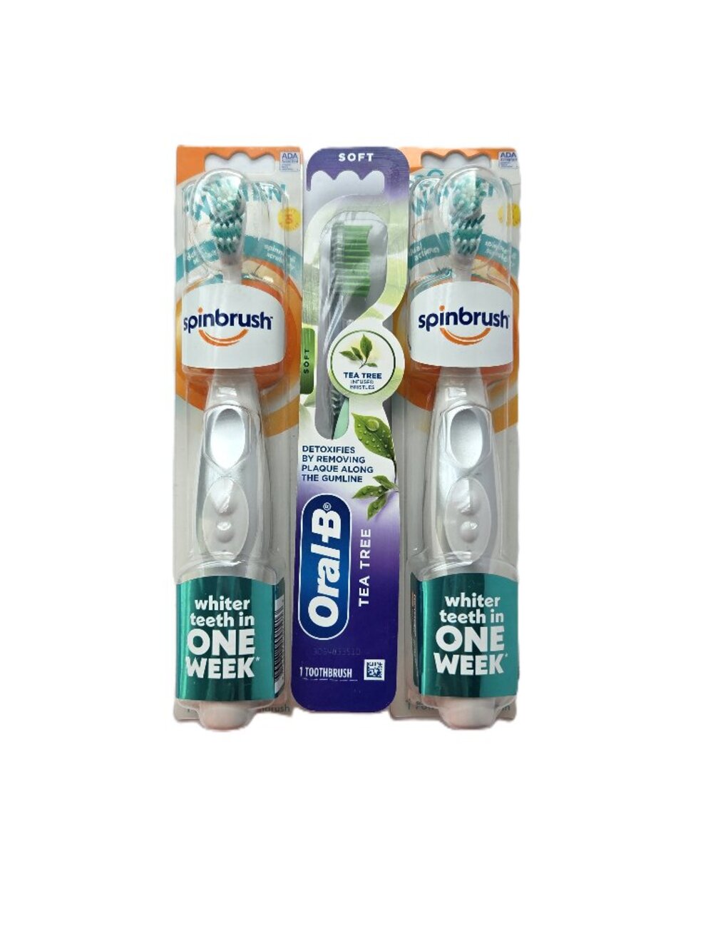 Spinbrush Pro Whiten Battery Toothbrush Lot of 2 & Oral-B Tea Tree Soft NEW